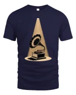 Vintage Gramophone Spotlight Graphic T-Shirt Retro Art - navy t-shirt on white background