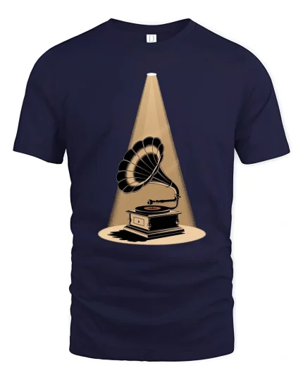 Vintage Gramophone Spotlight Graphic T-Shirt Retro Art - navy t-shirt on white background