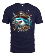 Pirate Shark Adventure Ocean Captain Graphic T-Shirt - navy t-shirt on white background