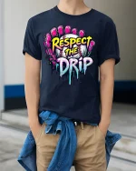 Respect The Drip Baseball Graphic T-Shirt - model wearing Navy T-shirt, hands in pockets, denim shirt at waist