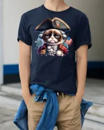 Patriotic Grumpy Cat Funny July 4th Independence T-Shirt - model wearing Navy T-shirt, hands in pockets, denim shirt at waist