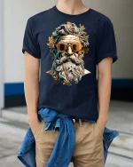 Cool Ancient God Statue with Sunglasses Graphic T-Shirt - model wearing Navy T-shirt, hands in pockets, denim shirt at waist