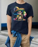 Colorful Sugar Skull Mexican Flag Day of Dead T-Shirt - model wearing Navy T-shirt, hands in pockets, denim shirt at waist