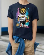 Cool Leopard Basketball Street Style T-Shirt - model wearing Navy T-shirt, hands in pockets, denim shirt at waist