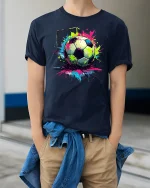 Color Splash Soccer Ball Art T-Shirt - model wearing Navy T-shirt, hands in pockets, denim shirt at waist