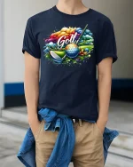 Color Splash Golf Art Tee For Fun Sports Lovers - model wearing Navy T-shirt, hands in pockets, denim shirt at waist