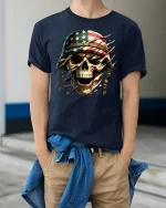 American Flag Skull Soldier Patriotic T-Shirt - model wearing Navy T-shirt, hands in pockets, denim shirt at waist