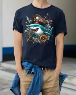Pirate Shark Adventure Ocean Captain Graphic T-Shirt - model wearing Navy T-shirt, hands in pockets, denim shirt at waist
