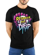Respect The Drip Baseball Graphic T-Shirt - model with hands behind back, wearing Black T-shirt and blue jeans