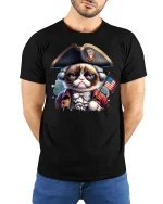 Patriotic Grumpy Cat Funny July 4th Independence T-Shirt - model with hands behind back, wearing Black T-shirt and blue jeans