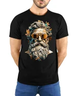 Cool Ancient God Statue with Sunglasses Graphic T-Shirt - model with hands behind back, wearing Black T-shirt and blue jeans