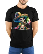 Colorful Sugar Skull Mexican Flag Day of Dead T-Shirt - model with hands behind back, wearing Black T-shirt and blue jeans