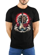 Rock Skull Guitar Roses Graphic T-Shirt Heavy Metal Art - model with hands behind back, wearing Black T-shirt and blue jeans