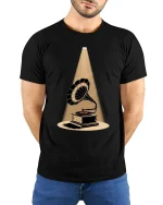 Vintage Gramophone Spotlight Graphic T-Shirt Retro Art - model with hands behind back, wearing Black T-shirt and blue jeans