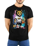 Cool Leopard Basketball Street Style T-Shirt - model with hands behind back, wearing Black T-shirt and blue jeans