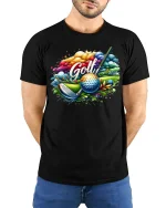 Color Splash Golf Art Tee For Fun Sports Lovers - model with hands behind back, wearing Black T-shirt and blue jeans