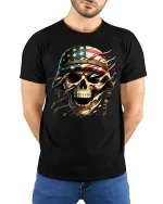 American Flag Skull Soldier Patriotic T-Shirt - model with hands behind back, wearing Black T-shirt and blue jeans