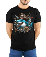 Pirate Shark Adventure Ocean Captain Graphic T-Shirt - model with hands behind back, wearing Black T-shirt and blue jeans