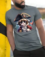 Patriotic Grumpy Cat Funny July 4th Independence T-Shirt - model leaning on yellow-black pole, wearing Gray T-shirt, hand in pocket