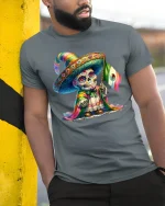 Colorful Sugar Skull Mexican Flag Day of Dead T-Shirt - model leaning on yellow-black pole, wearing Gray T-shirt, hand in pocket