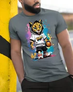 Cool Leopard Basketball Street Style T-Shirt - model leaning on yellow-black pole, wearing Gray T-shirt, hand in pocket