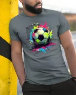Color Splash Soccer Ball Art T-Shirt - model leaning on yellow-black pole, wearing Gray T-shirt, hand in pocket