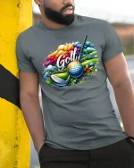 Color Splash Golf Art Tee For Fun Sports Lovers - model leaning on yellow-black pole, wearing Gray T-shirt, hand in pocket