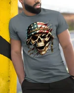 American Flag Skull Soldier Patriotic T-Shirt - model leaning on yellow-black pole, wearing Gray T-shirt, hand in pocket