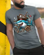 Pirate Shark Adventure Ocean Captain Graphic T-Shirt - model leaning on yellow-black pole, wearing Gray T-shirt, hand in pocket