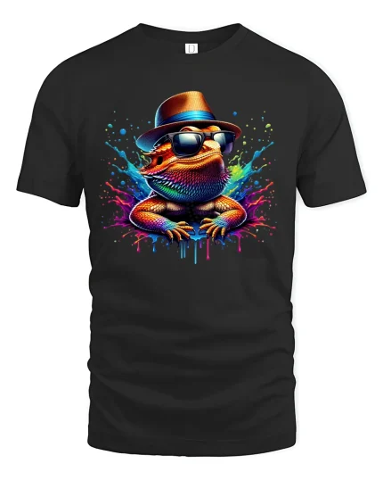Cool Lizard With Hat Neon Splash Party Vibes T-Shirt - black t-shirt on white background