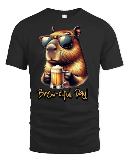 Brew-tiful Day Capybara Beer Lover Funny T-Shirt - black t-shirt on white background