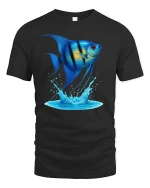 Blue Tropical Fish Splash Ocean Life Graphic T-Shirt - black t-shirt on white background