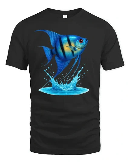Blue Tropical Fish Splash Ocean Life Graphic T-Shirt - black t-shirt on white background