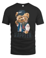 Happier Bear With Glasses Cool Streetwear T-Shirt - black t-shirt on white background