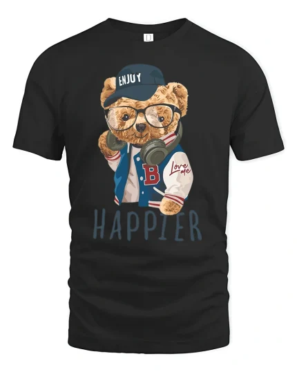 Happier Bear With Glasses Cool Streetwear T-Shirt - black t-shirt on white background
