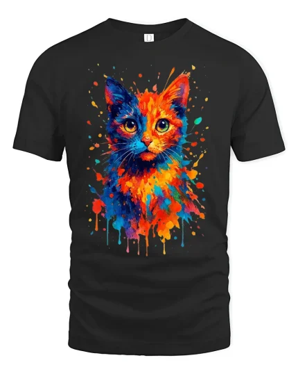 Color Splash Cat Watercolor Art Creative Graphic Tee - black t-shirt on white background