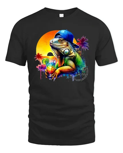 Cool Iguana With Drink Tropical Sunset Beach T-Shirt - black t-shirt on white background