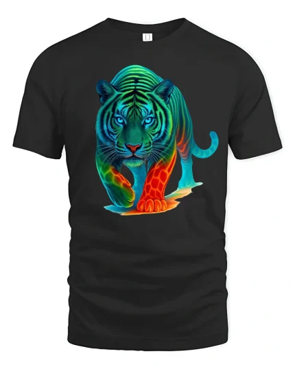 Neon Tiger Glow Jungle Predator Graphic T-Shirt - black t-shirt on white background