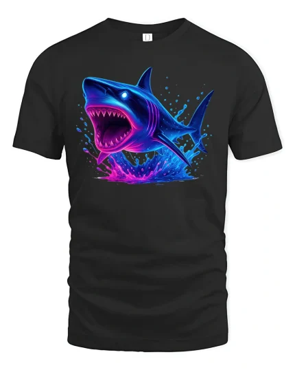 Neon Shark Attack Ocean Predator Graphic T-Shirt - black t-shirt on white background