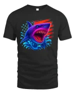 American Flag Shark Patriotic Ocean Graphic T-Shirt - black t-shirt on white background