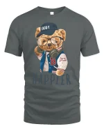 Happier Bear With Glasses Cool Streetwear T-Shirt - gray t-shirt on white background