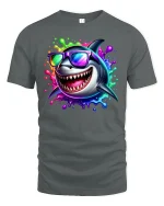Cool Neon Shark With Sunglasses Funny Summer T-Shirt - gray t-shirt on white background