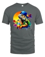 Cool Iguana With Drink Tropical Sunset Beach T-Shirt - gray t-shirt on white background