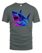 Neon Shark Attack Ocean Predator Graphic T-Shirt - gray t-shirt on white background
