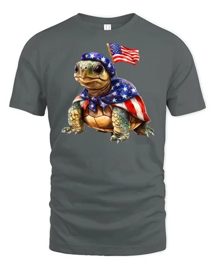 Patriotic Turtle American Flag 4th of July T-Shirt - gray t-shirt on white background