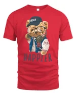 Happier Bear With Glasses Cool Streetwear T-Shirt - red t-shirt on white background