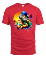 Cool Iguana With Drink Tropical Sunset Beach T-Shirt - red t-shirt on white background