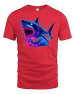 Neon Shark Attack Ocean Predator Graphic T-Shirt - red t-shirt on white background