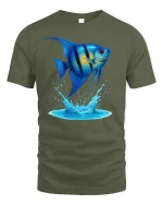 Blue Tropical Fish Splash Ocean Life Graphic T-Shirt - military green t-shirt on white background