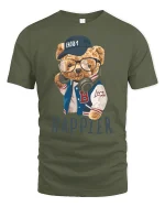 Happier Bear With Glasses Cool Streetwear T-Shirt - military green t-shirt on white background